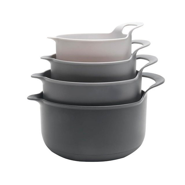 COOK WITH COLOR Nesting Plastic Mixing Bowl Set with Pour Spouts and Handles, Grey, 4 Piece Non-Slip