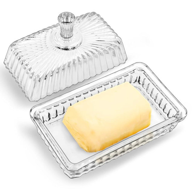 Philbinden Champagne Color Glass Butter Dish with Lid or Countertop and Refrigerator,Crystal Glass Butter Storage Container for Kitchen Dining Table Decor (White, large)