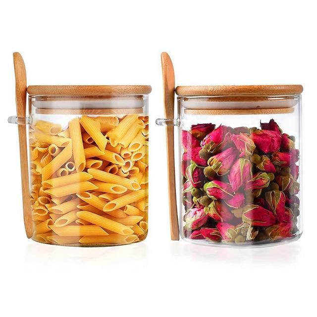 Worldity 12Oz/414ML Glass Food Storage Jars Containers with Wooden Spoon, Airtight Lid Sealed Storage Container Jar with Scoop for Bath Salt, Sugar, Spice, Coffee, Candy, Pepper(Clear, Set of 2)