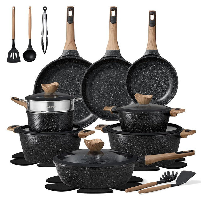 CAROTE 26PCS Pots and Pans Set Non Stick, Cookware Set Pots and Pans Induction Cook Ware, Nonstick Kitchen Cooking, PFOA Free, Black