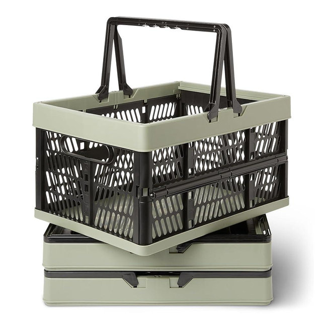 Amazon Basics Collapsible Plastic Grocery Shopping Baskets with Handles, 3 Pack, 6.6 gallon, Green