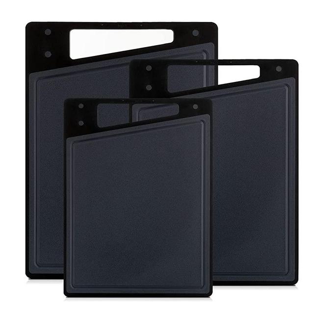 JoyJolt Plastic Cutting Board Set. Grey and Black Cutting Boards for Kitchen Dishwasher Safe with Handle. Non Slip Large and Small Chopping Board Set; Meat Cutting Board with Juice Groove.