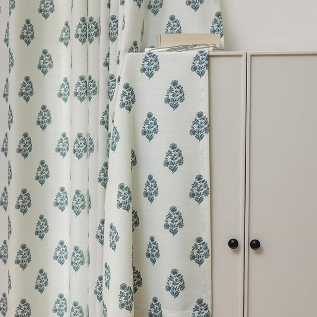 DrapePalette - Linen Blend Pinch Pleated Curtains for Living Room, Bedroom, Dining Room - Light Filtering Curtains 2 Panels Set - Luxury and Modern Floral Printed Design - Kashmir Blue, 30" W x 96" L