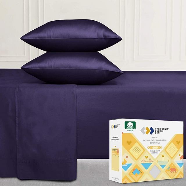 California Design Den Dark Purple Sheets Queen Size - Real Cotton 400 Thread Count 4 Piece Bed Set, wrinkleless Sateen Bedding, Elasticized Deep Pocket Fits Low Profile Foam and Tall Mattresses