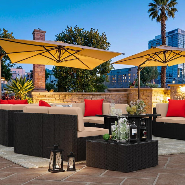 Greesum Patio Furniture Sets 13-Pieces Outdoor PE Rattan Sectional Sofa w/43in Gas Fire Pit Table Sets 55000 BTU Add Warmth to Gatherings Parties On Deck Garden Backyard, OneSize, Beige
