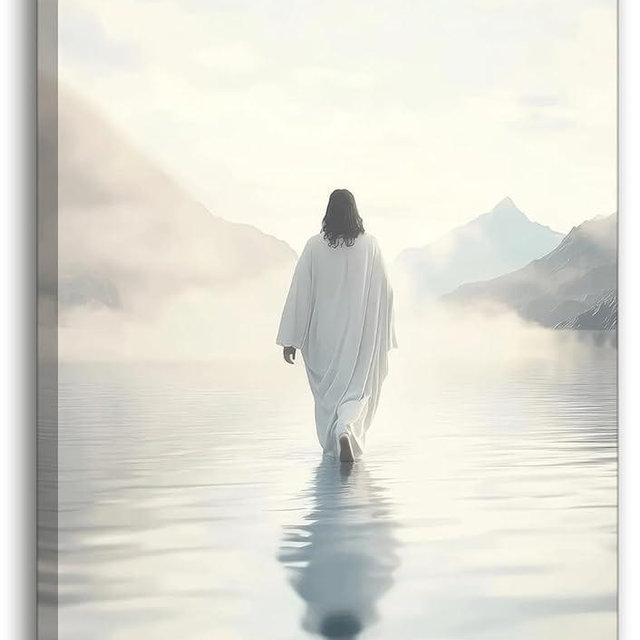 Jesus Walking on Water Canvas Wall Art Christian Wall Decor Pictures Abstract Jesus Painting Artwork Modern Religious Spiritual Posters Prints for Living Room Bedroom Church Decoration 12x16in
