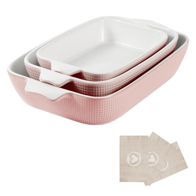 Fakafa Bakeware Casserole Oven Dishes Baking - 3pcs Ceramic Rectangular Oven Serving Sets,（10.3/12.4/14.7）Stoneware Cookware Pan, Porcelain White Thanksgiving Ware for Cooking Lasagna (Pink)