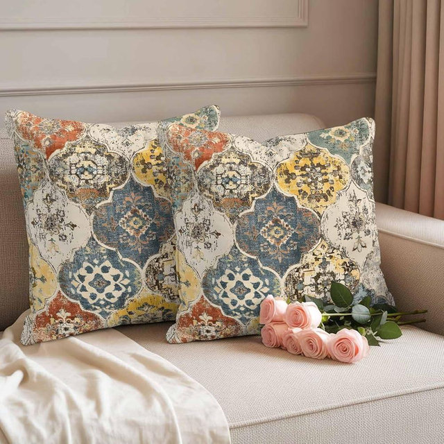 VSINKEEG Outdoor Waterproof Pillow Covers 18x18Inch Abstract Bohemian Ethnic Pattern Texture Throw Pillowcases for Patio Garden Couch Sofa Vintage Aesthetic Decorative Cushin Case,Pack of 2