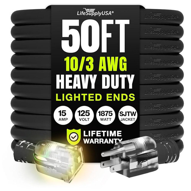 50ft Outdoor/Indoor Extension Cord 10/3 Gauge Ultra Heavy Duty 3 Prong SJTW, Waterproof, Flexible Cold-Resistant Long Power Cord,15A 125V 1875W, Black by LifeSupplyUSA