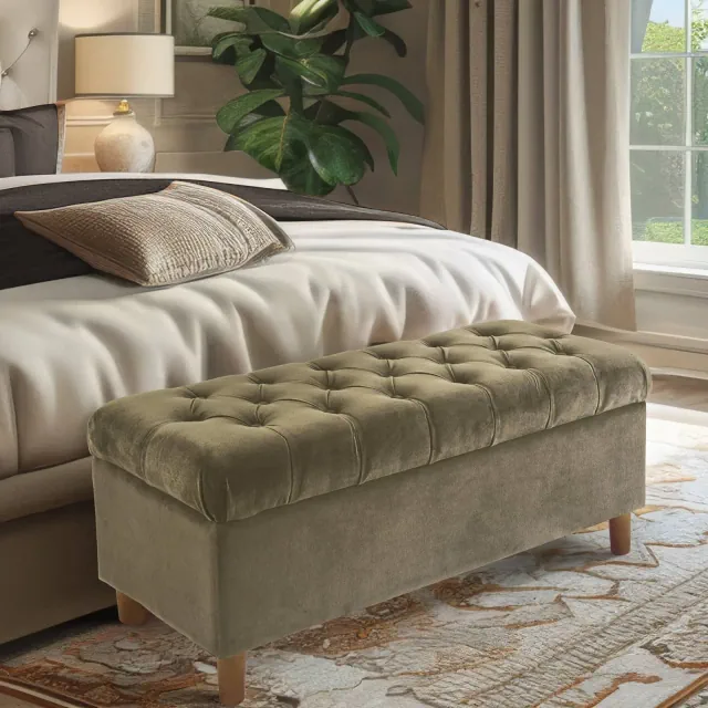 Button Tufted Storage Bench with Cone Wood Legs Velvet Light Sage Green - HomePop: Upholstered Ottoman for Bedroom, Hardwood Frame