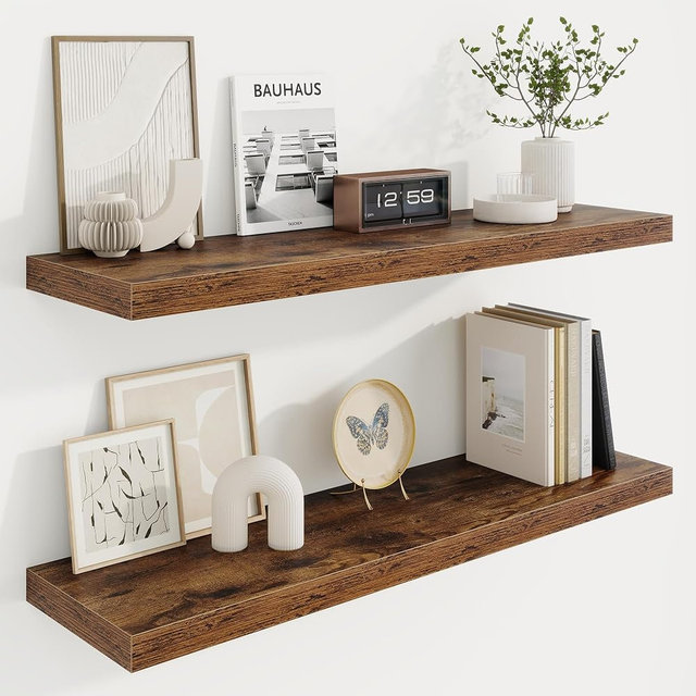 Marsmiles 36in Floating Shelves for Wall, 36" W x 9.25" D x 1.25" H, 2 Pack Long Wall Mounted Engineered Wood Shelves with Invisible Brackets for Living Room, Bedroom, Bathroom, Kitchen, Rustic Brown