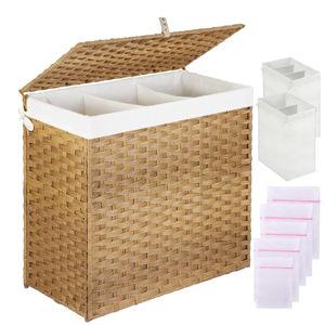 Greenstell Laundry Hamper with Lid, 125L Large Clothes Hamper with 3 Section & 2 Section Removable Liner Bags & 5 Mesh Laundry Bags, Handwoven Synthetic Rattan Divided Laundry Basket, Natural