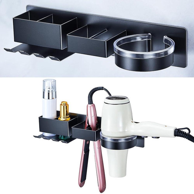 Hair Straightener Holder Wall Mount, Black Blow Dryer Holder, Hair Tool Organizer Rack for Straighteners, Combs, Hair Dryer Holder
