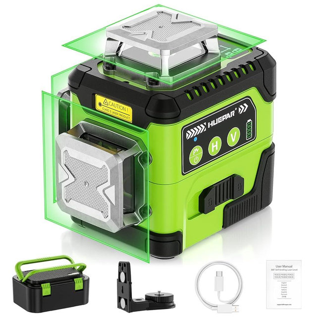 HUEPAR Laser Level 360 Self Leveling with LCD Screen, 3 x 360° High Brightness Rechargeable 3D Lazer Leveler Tool for Construction and Picture Hanging, Strong Magnetic Bracket&Hard Carry Case -Y03CG