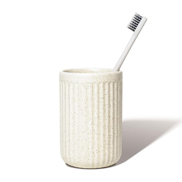 ABBI NIMO Beige Ceramic Toothbrush Holder for Bathroom Countertop, Randomly Speckled Ceramic Tumbler, Rippled Cylinder Make-up Brush Holder Pen Holder, Desktop Organizer, Bathroom Accessory