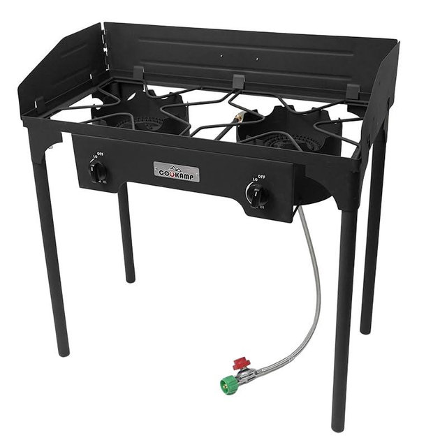 COOKAMP High Pressure Double Propane Burner With Windscreen Outdoor Camping Stove with 0-20 PSI Adjustable Regulator and Steel Braided Hose SA2510 (Two Burner Stove With Windscreen)