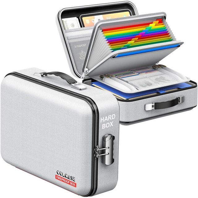 COLCASE Fireproof Document Box, Hard Case Fireproof Box with Lock Hard-Shell Design Fireproof Water Resistant Safe Box File Organizer for Important Documents Certificates Laptop Passports Gray