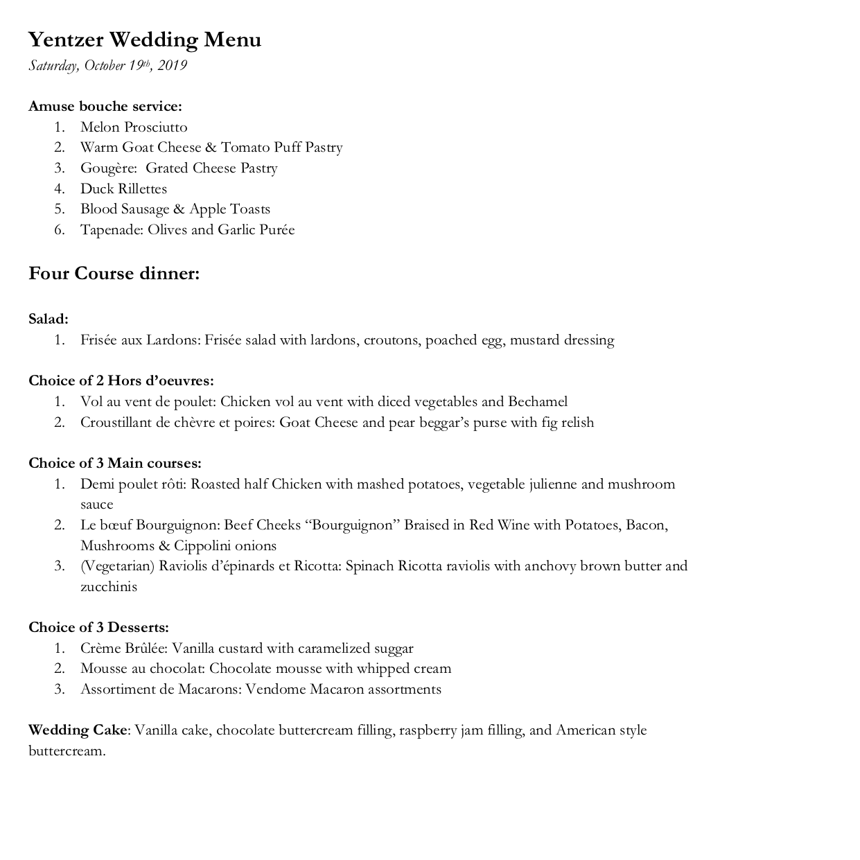 Menu for our special day!
