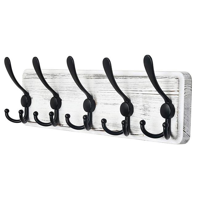 Dseap Coat Rack Wall Mounted - 5 Tri Hooks, Heavy Duty, Wooden Wall Coat Hanger Coat Hook for Clothes Hat Jacket Clothing, White & Black