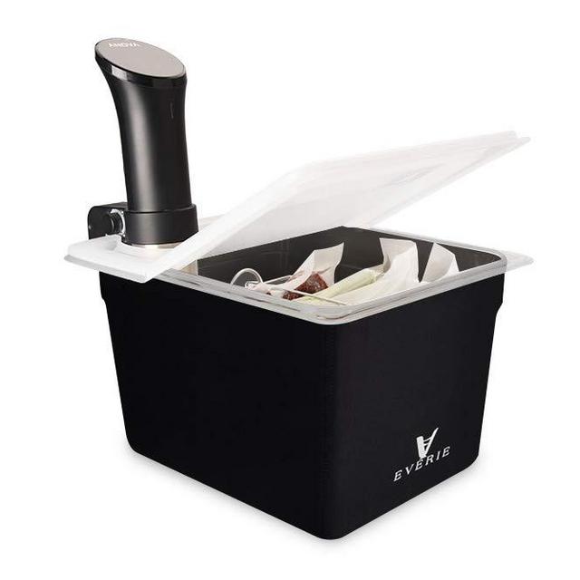 Everie Sous Vide Container 12 Quarts with Universal Collapsible Hinged Lid and Rack and Container Sleeve Compatible with All Anova Models, Joule, Insant Pot, Wancle and Others, KIT-TY-PP