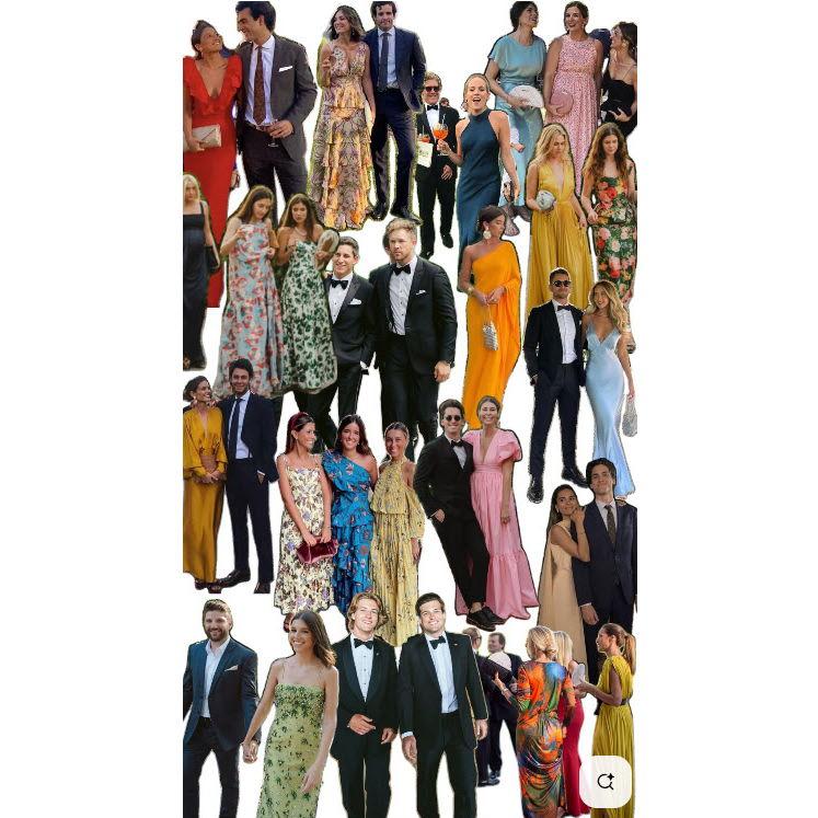 Examples of men and women's black tie optional attire for the wedding.
