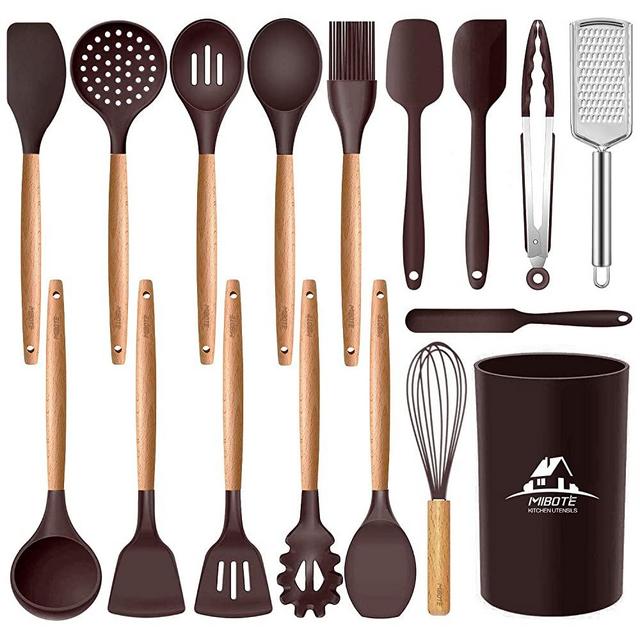 Mibote 17 Pcs Silicone Cooking Kitchen Utensils Set with Holder, Wooden Handles BPA Free Non Toxic Silicone Turner Tongs Spatula Spoon Kitchen Gadgets Utensil Set for Nonstick Cookware (Coffee)