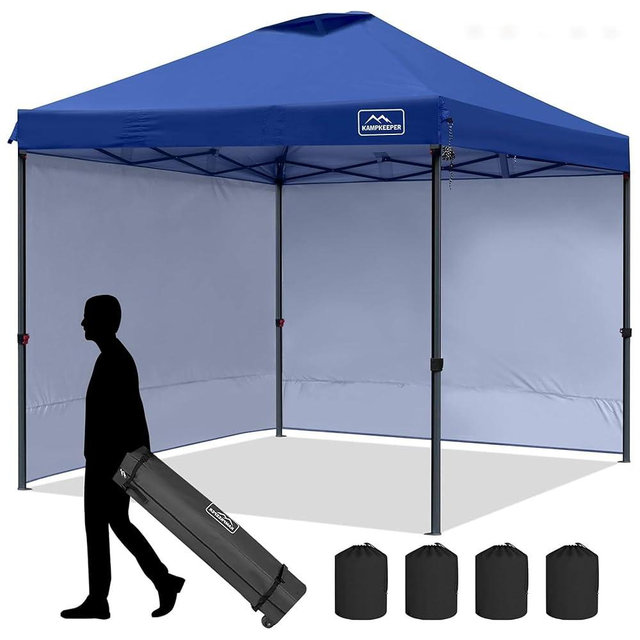 KAMPKEEPER 10x10 Pop Up Canopy Tent with 2 Sidewalls - Waterproof Outdoor Shelter for Sun Shade, Camping, Beach, Patio and Backyard Events, Navy Blue