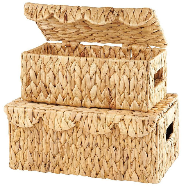 Set of 2 Scalloped Wicker Baskets with Lid - Woven Baskets with Lid - Rattan Storage Box - Woven Decorative Box