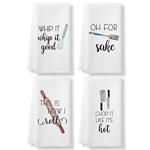 Funny Kitchen Towels and Dishcloths Sets of 4 - Dish Towels for Washing Drying Dishes - Decorative Waffle Towels, Hand Towels, Tea Towels, White- Perfect for Birthday, Housewarming Gifts Christmas