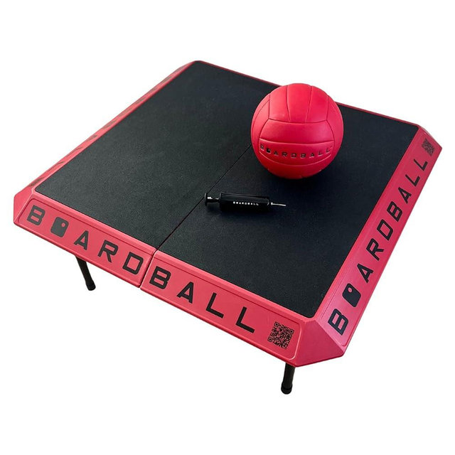 Boardball Sport Portable Foldable Indoor Outdoor Boardball Set with Rubberized Top Surface Board, Volleyball, and Compact Hand Pump, Red and Black
