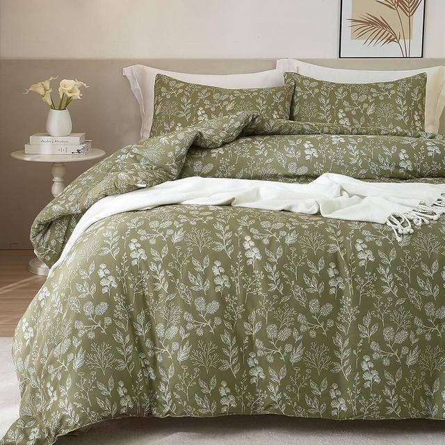 HighBuy Floral Duvet Cover King Olive Green Floral Botanical Bedding Comforter Cover King Women Girls Garden Style Bedding Set Boho Chic Duvet Cover Queen with 2 Pillowcases,All Season