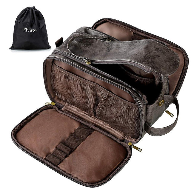 Elviros Toiletry Bag for Men, Large Travel Shaving Dopp Kit Water-resistant Bathroom Toiletries Organizer PU Leather Cosmetic Bags