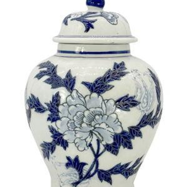 Galt International Classic Blue and White Flower Chinoiserie Jar 12" w/Lid - Ginger Jar, Tea Storage, Decorative, Home Decor Jar