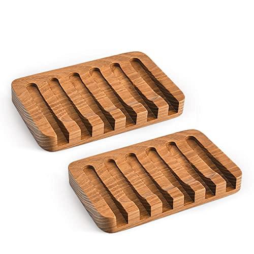 SUBEKYU Wooden Soap Dishes for Bathroom/Shower, Bar Soap Holder with Self Draining Tray, Natural Waterfall Drain Soap Saver, Set of 2, Teak