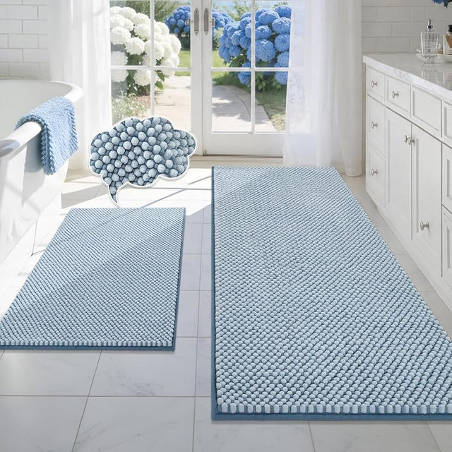 BSICPRO Bathroom Rugs Set 2 Piece-Chenille Bath Mats Non Slip-Thick Soft Absorbent Beach Bath Rug-Shower Floor Mat Machine Washable-Bathroom Decor Accessories (Light Blue, 20" x 47" Plus 20" x 32")