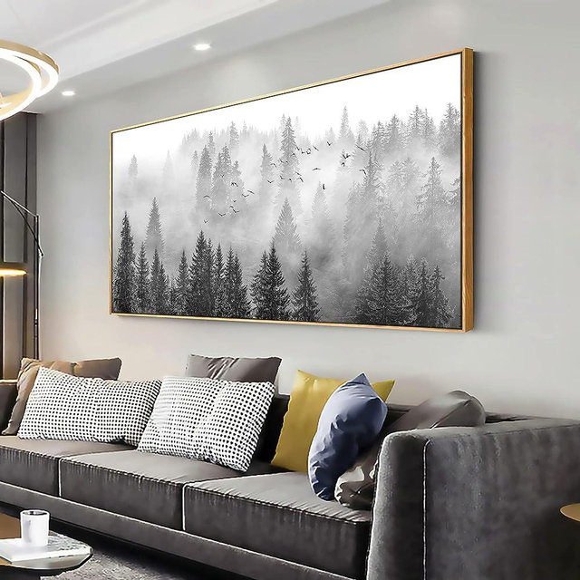vgrozirh Framed Ready to Hang Wall Art Foggy Forest Black and White Wall Art Nature Landscape Mountain Photographic Printed on Canvas for Bedroom Living Room Office Home Decor 20"x40"