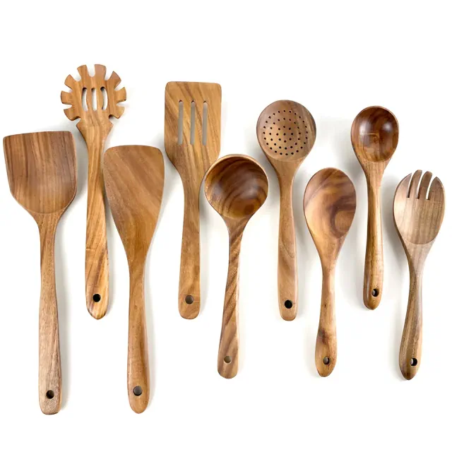 SUGIFT 9pc Non-Toxic Kitchen Utensils Set Natural Teak Wooden Cooking Utensils Set