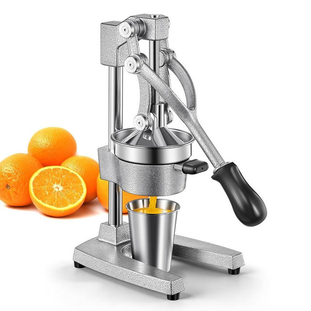 QCen Professional Cast Iron Manual Juicer, Heavy Duty Citrus Press with Stainless Steel Strainer, Easy-to-Clean Hand Squeezer for Orange, Lemon, Lime and Grapefruit - Black (Silver)