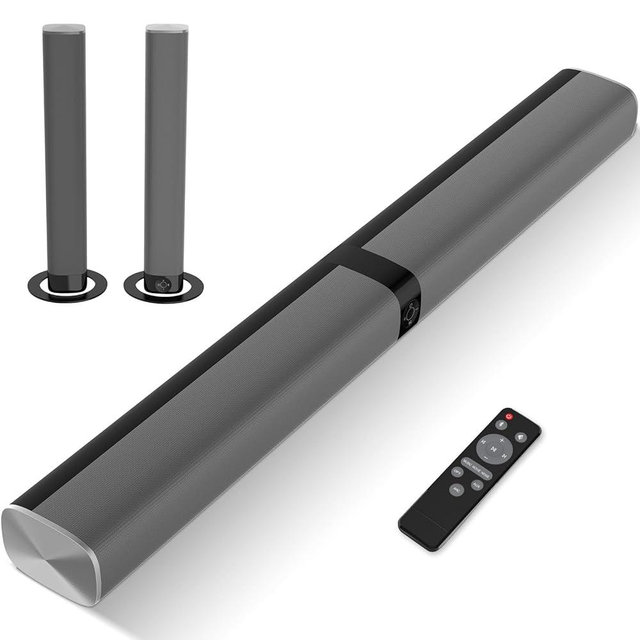 Assistrust Sound Bar for Smart TV, 80W Soundbar with Bluetooth/ARC/Opt/AUX Connect, Auto Volume Boost, 3 Equalizer Modes, 2 in 1 Detachable Soundbar for TV/PC/Gaming/Projectors