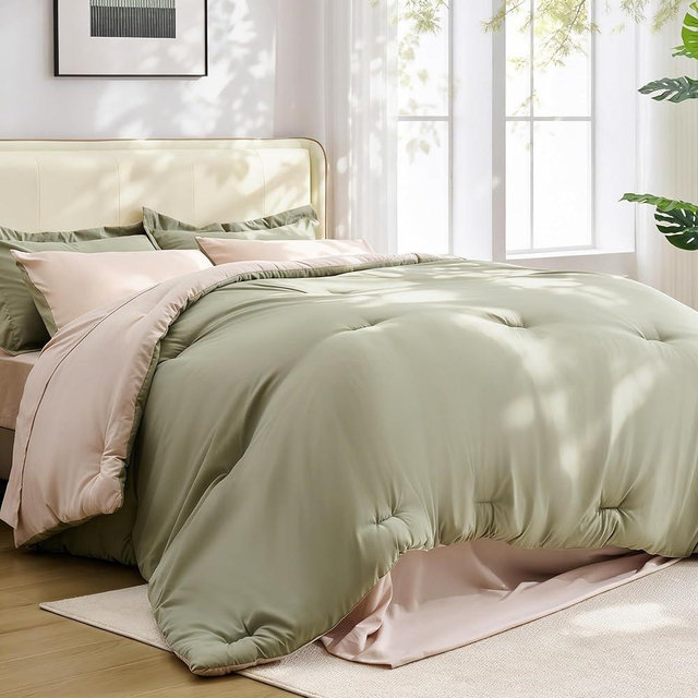BDEUS 7 Pieces Comforter Set Queen Size, Reversible Oatmeal & Sage Green Bedding Set, Soft Brushed Microfiber Comforter with Flat Sheet, Fitted Sheet, Pillowcases & Shams, 88"X88"