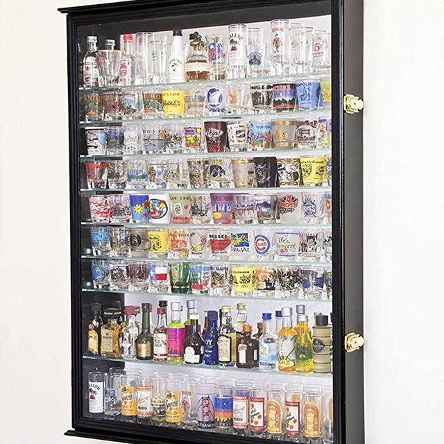XL Shot Glass Display Case Rack Holder Cabinet w/Mirror Backed and 11 Glass Shelves -Cherry