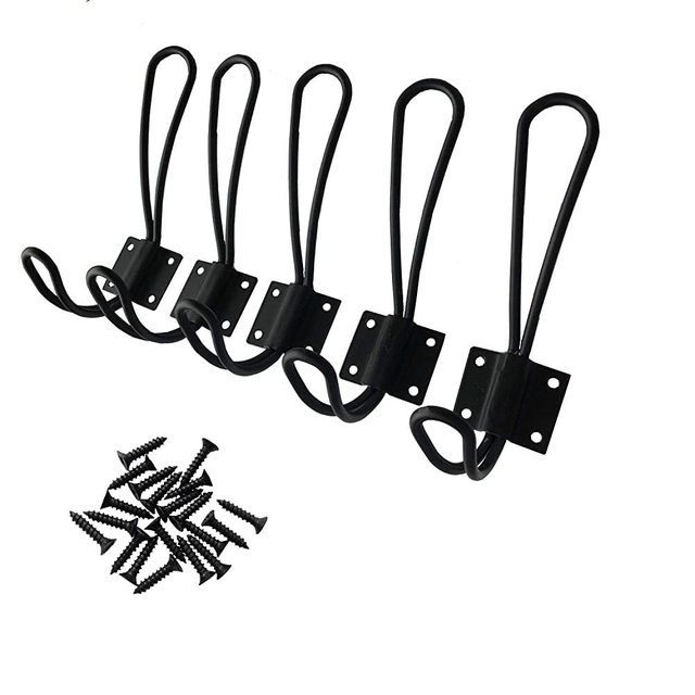 Ymaiss 5 Packs of Rustic Heavy Duty Double Coat Hooks,Vintage Wall Mounted Hangers,Metal Decorative Entryway Hat Hook Black Big, Farmhouse Shabby Chic Hanging Look with Screws Included