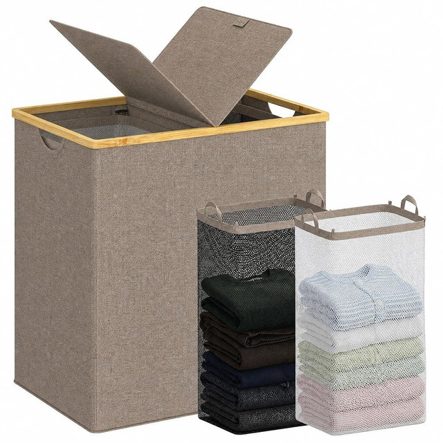efluky Laundry Hamper with Lid, Double Laundry Basket with 2 Removable Bags, 2 Section Laundry Bin with Bamboo Handles for Bathroom, Bedroom & Laundry Room, 140L (36.9 Gallon) Brown