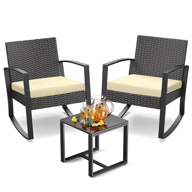 Patio Furniture Set Outdoor Wicker Bistro Set, Modern Rattan Patio Chairs Conversation Set with Coffee Table for Balcony Porch Garden Yard Poolside (3 Pieces, Beige)