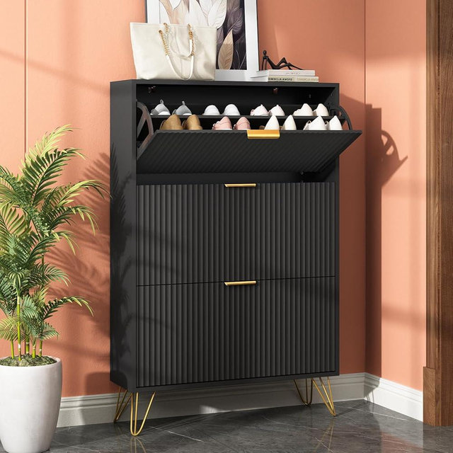 Sscaktu Shoe Storage Cabinet with 3 Flip Drawers, 31.5" W Fluted Shoe Cabinet for Entryway, Hidden Shoe Cabinet Storage, Narrow Free Standing Shoe Orgnaizer Rack Cabinet for Foyer Hallway, Black