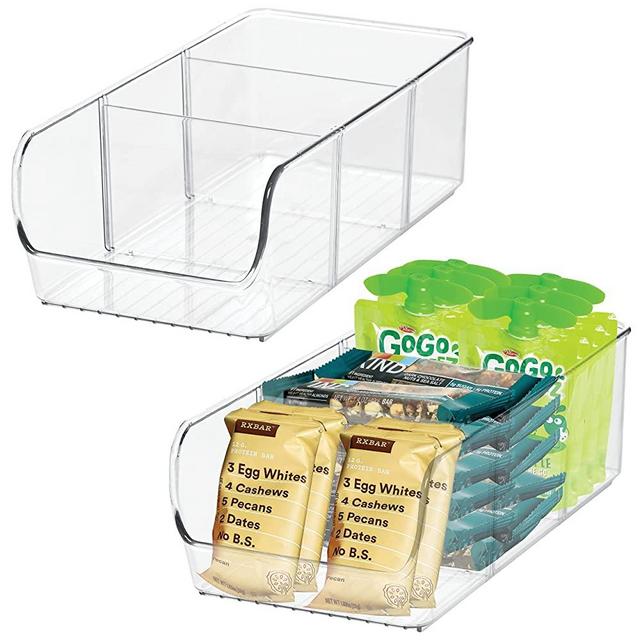Set of 2 Adjustable Snack Organizer Bins for Cabinet & Pantry Organization And Storage Plastic Storage Bins For Kitchen Organization - Clear Acrylic Divided Storage Containers with Removable Dividers
