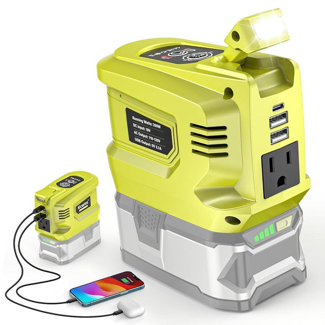 Portable Power Inverter Compatible with Ryobi,Ecarke Real 200W Outdoor Generato Battery Converter with 2 USB&LED&AC Powered Outlet,Convert DC 18V to AC 110V Portable Power Station(No Battery)
