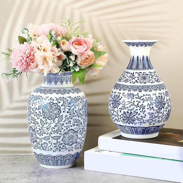 Maxcheck 2 Pieces Porcelain Blue and White Vase 9 Inch Chinoiserie Vase Vintage Ceramic Oriental Vase Chinese Handmade Classic Flower Vase Decor for Home Office Bookshelf Table