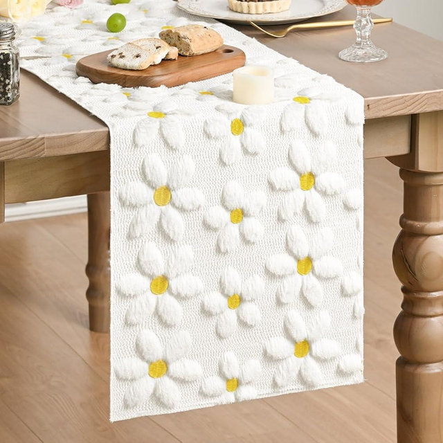Artoid Mode White Soft Plush Faux Fur Jacquard Embroidery Daisy Spring Table Runner, Kitchen Dining Table Decoration for Home Party Decor 13x60 Inch