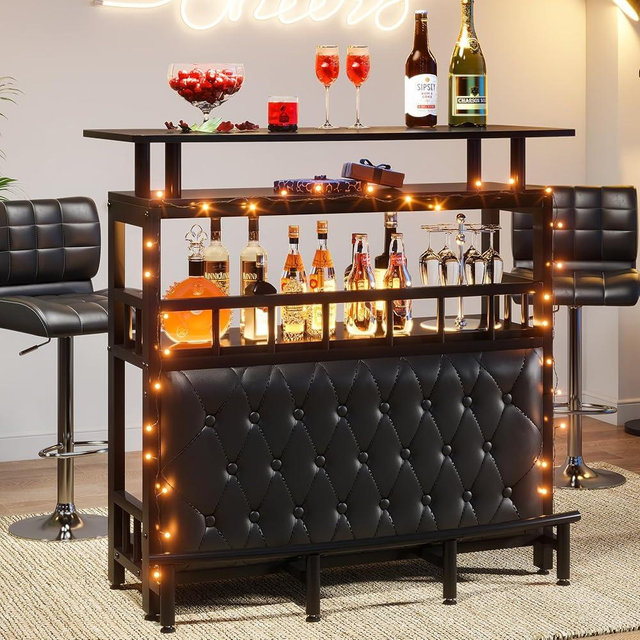 Tribesigns Bar Unit for Home Liquor, Black Entertainment Bar Upholstered Bar Table with Storage and Metal Front Footrest for Home,Balcony